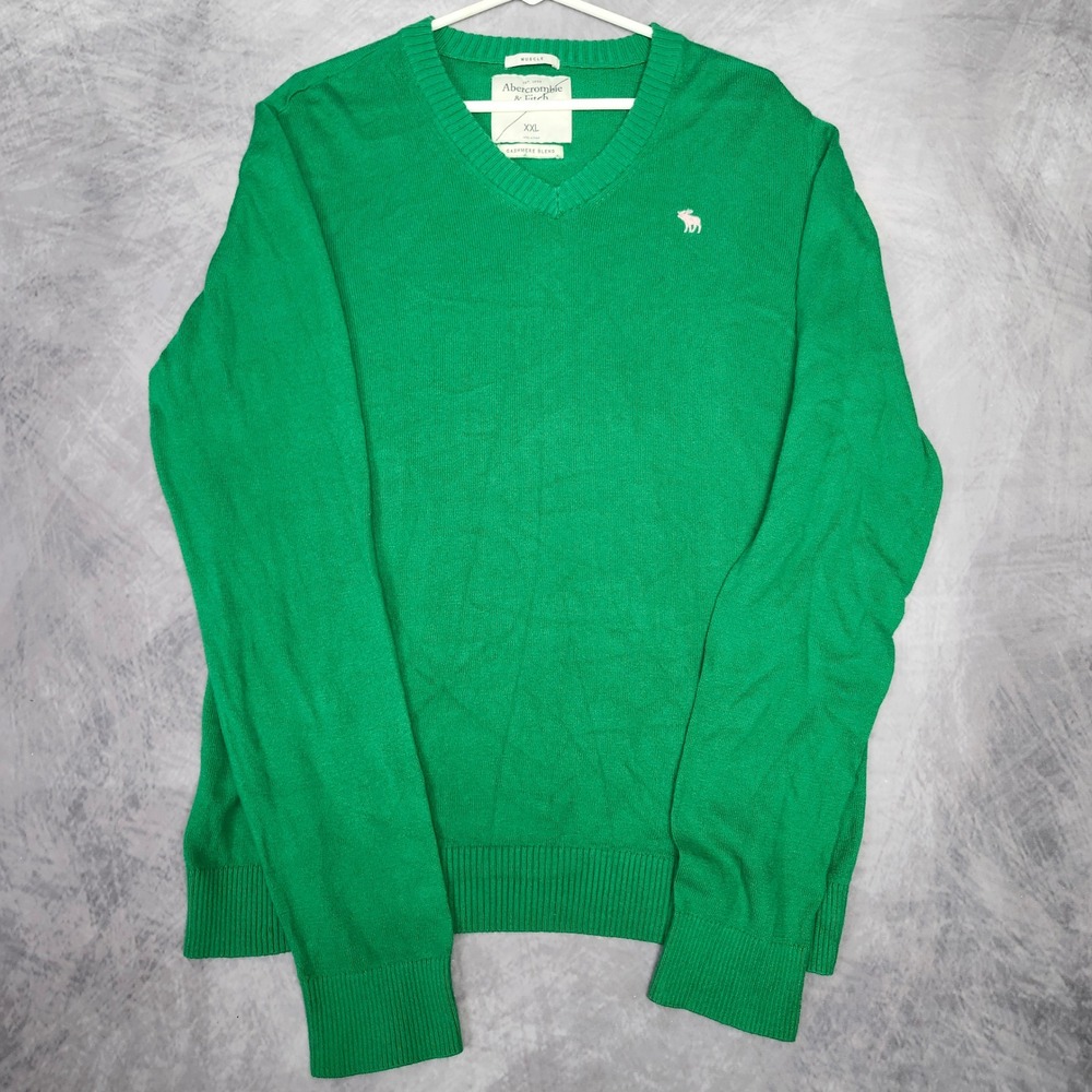 Abercrombie Fitch Sweater Cashmere Blend Mens XXL Green Muscle V Neck Moose - Picture 2 of 9